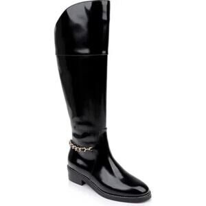 New L'Agence Eulalie II Black Calf Leather Knee High Boot with Gold Chain Size 6